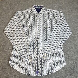 Twenty X Shirt Mens Large White Navy Western Pearl Snap Floral Embroidered Rodeo